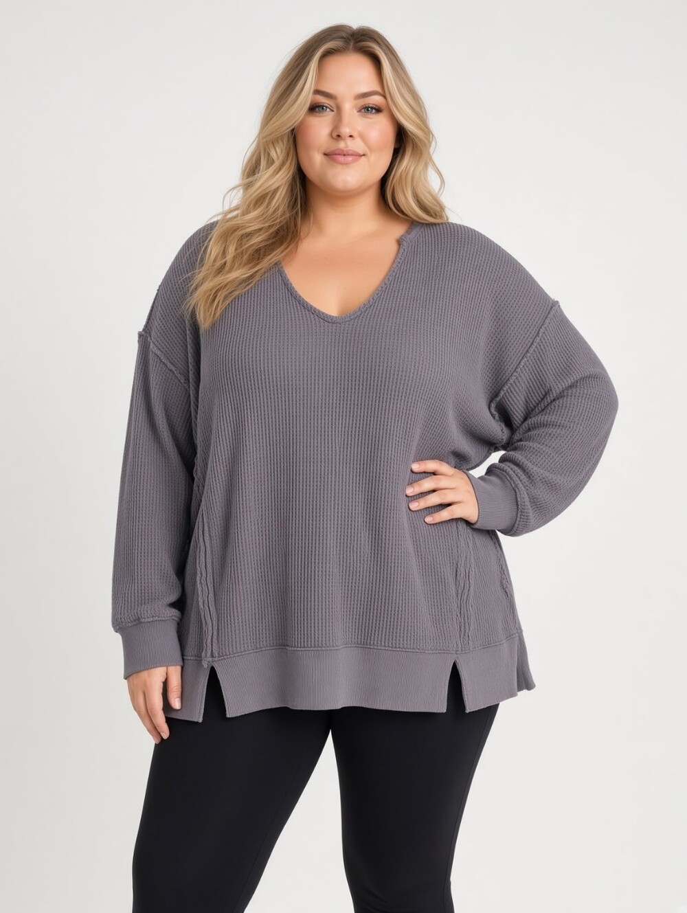 Pink Rose  Washed Gray Waffle V-Neck Sweatshirt Sz L